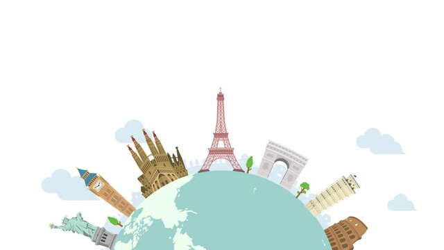 Travel, vacation, sightseeing animation banner (4K) . World heritage and world famous buildings. no text version..