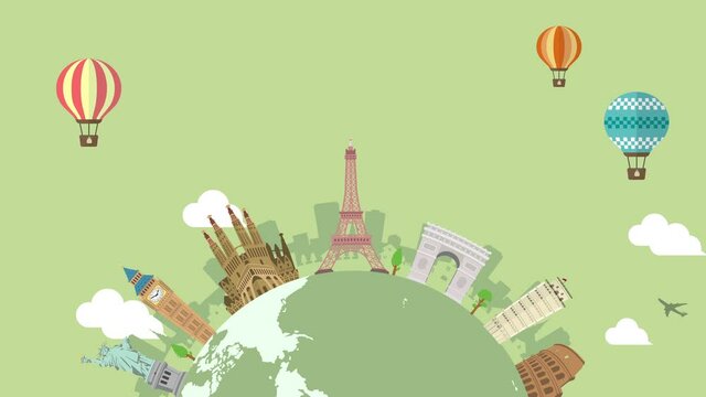 Travel, vacation, sightseeing animation banner (4K) . World heritage and world famous buildings. no text version..