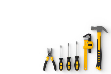 Set of construction tools for repair and installation on white background