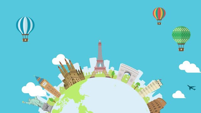 Travel, vacation, sightseeing animation banner (4K) . World heritage and world famous buildings. no text version..