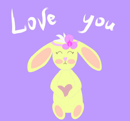 Cute cartoon hare with a heart and the inscription Love you. Beautiful children's print