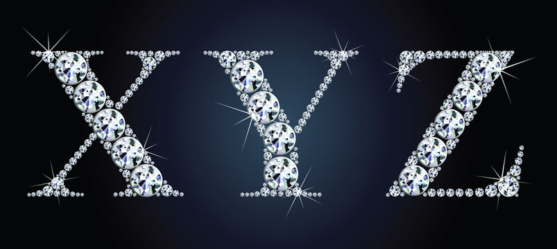 Diamond alphabet letters. Stunning beautiful X ,Y, Z jewelry set in gems and silver. Vector eps10 illustration.