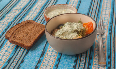 Grilled vegetables with olives and sour cream-mustard dressing