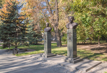 KYIV, UKRAINE: Monuments to Kovpak and Fedorov on Mariinsky Park in Kyiv