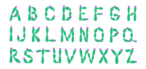 Cute cactus font and alphabet. All letters from a to z included, they are isolated on white background. Can be used to print children poster, flower shop logo any quote or phrase. Digital illustration