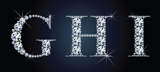 Diamond alphabet letters. Stunning beautiful GHI jewelry set in gems and silver. Vector eps10 illustration. - 410086711