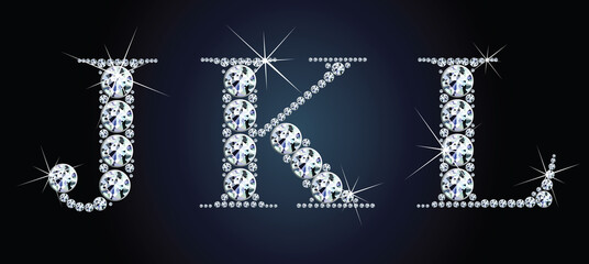 Diamond alphabet letters. Stunning beautiful JKL jewelry set in gems and silver. Vector eps10 illustration. - 410086746