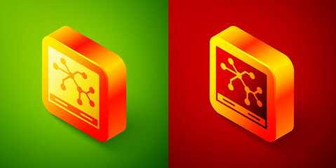 Isometric Railway map icon isolated on green and red background. Square button. Vector.