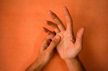 Hand massaging. Hand injury, feeling pain. Health care and medical concept