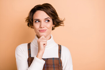 Portrait of young lovely pretty happy positive good mood tricky girl look copyspace thinking...