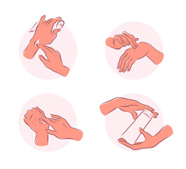 Set of human hands emblems with hand cream hold  moisturizer tube, smear each other isolated on white background. Vector flat hand drawn illustration. For banners, ads, emblems, tags etc.