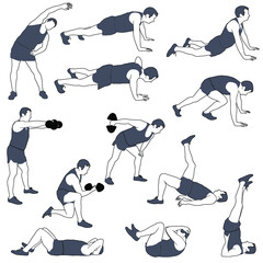 Vector silhouettes of man in costume doing sport exercises isolated on white background. Icons of sportive boy doing fitness workout in different position. Active and healthy life concept.