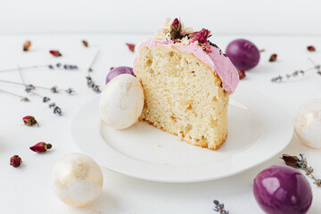 Easter cake and egg Pysanka on a white background