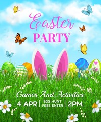 Easter holiday vector flyer with cute cartoon rabbit ears in green grass blades with decorated eggs, flowers and butterflies. Happy Easter spring games and activities free event celebration invitation