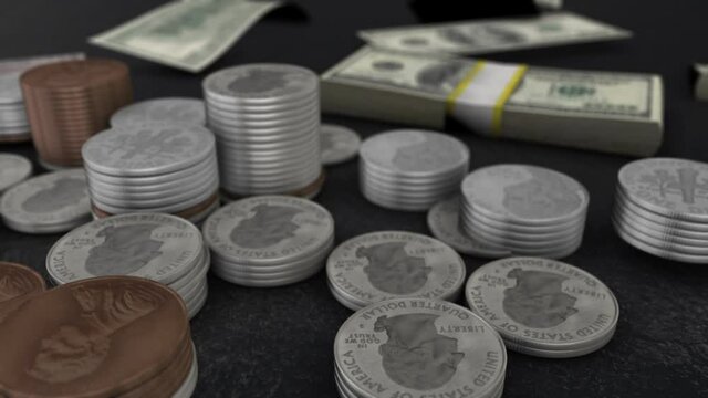 American money bills, pennies dime and quarters coins seamless loop
