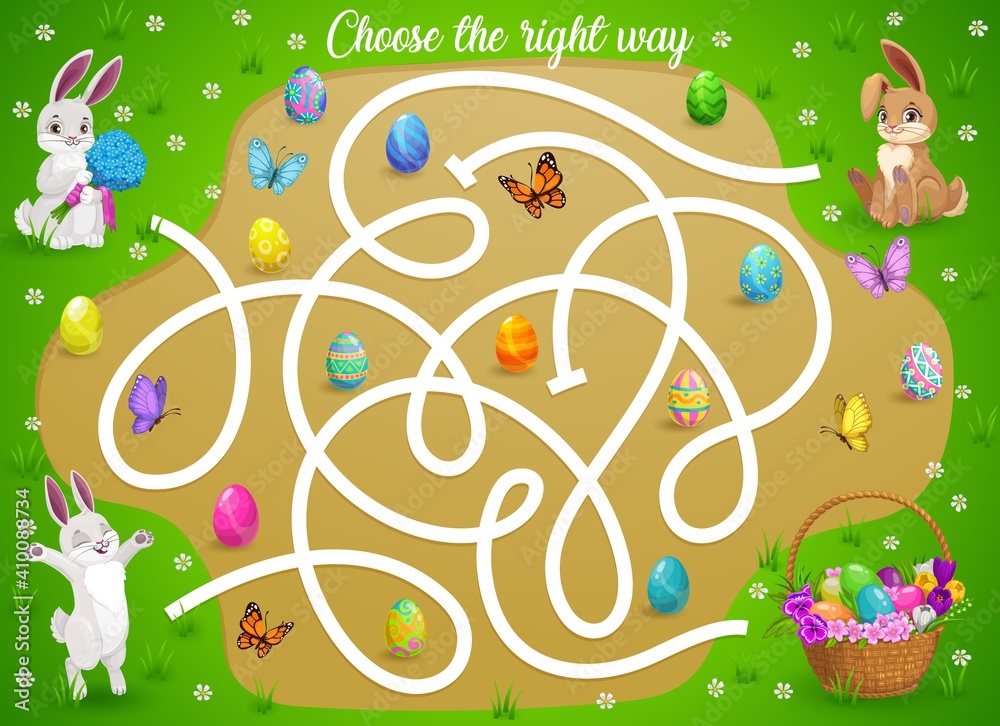 Aufkleber kids maze game help easter bunnies choose right way to get eggs basket. vector labyrinth puzzle, fin