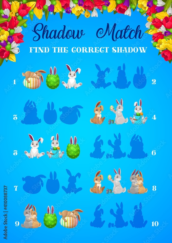 Poster shadow matching easter game of vector kids education activities. logic puzzle, riddle or quiz with t