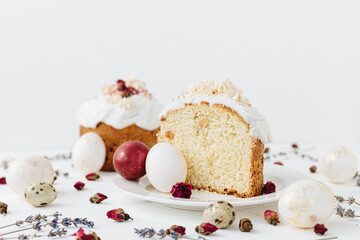 Easter cake and egg Pysanka on a white background