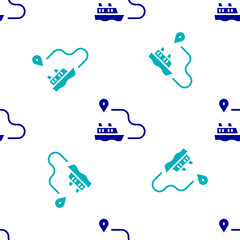 Blue Ship line path of ship sea route with start point GPS and black line icon isolated seamless pattern on white background. Vector.