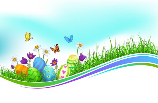 Easter eggs green grass wave, isolated vector cartoon Easter holidays hunt, wavy border with spring blossoms, design element with spring flowers on grass blades and flying butterflies under blue sky.