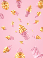 Golden Ice cream with pink cone on a pink background. Minimal summer food concept. Flat lay illustration of love concept. 3d render.