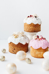 Glazed easter cake decorated with flowers on textured background. Happy Easter