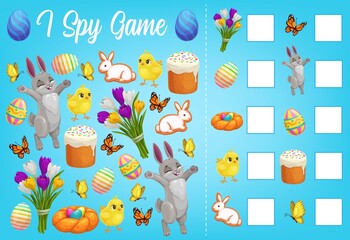 I spy kids game with Easter characters vector worksheet. How many rabbits, chicks, eggs, butterflies or flowers and cakes educational puzzle. Children numeracy skills development cartoon riddle page