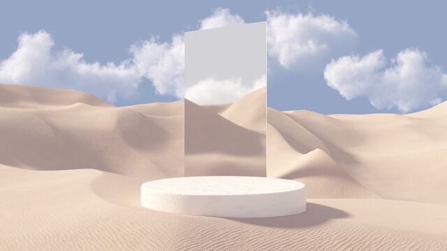 3D stone pedestal premium podium with mirror behind. Sand dunes background. Minimal abstract cosmetic background for product presentation. Blank showcase mockup with empty round stage. 3D rendering.