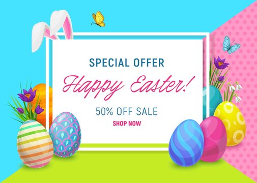 Easter sale offer poster with vector eggs and bunny or rabbit ears, spring flowers and green grass blades, butterflies, crocuses and lily of the valley, religion holiday special discount price promo
