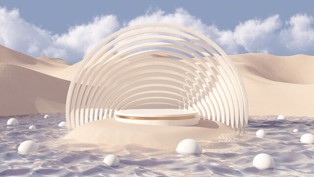 Podium For Packaging Or Cosmetics Presentation. Minimal Mockup Background With Marble Product Podium And Geometric Abstract Stone Shapes, Sand Dunes With Water And Cloudy Sky. 3d Rendering.