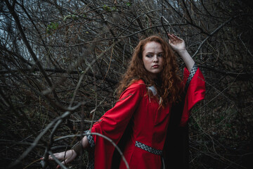 Naklejka premium Red-haired woman in a red dress in a historical Celtic costume in the autumn forest