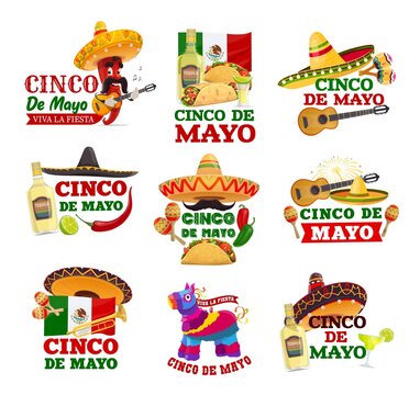 Cinco de Mayo and Viva Mexico isolated icons. Vector fiesta party sombrereo hats, maracas, Mexican flag and guitar, chilli pepper musician, tequila margarita, tacos and pinata, jalapeno and burrito