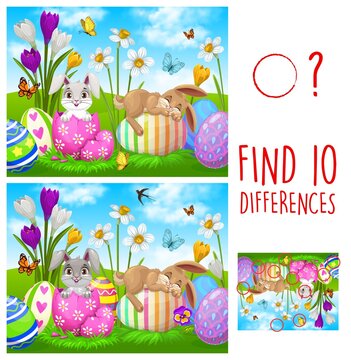 Kids game find ten differences with Easter rabbits and eggs. Vector puzzle with cute cartoon bunnies on green spring meadow with flowers and butterflies. Educational children riddle, leisure activity