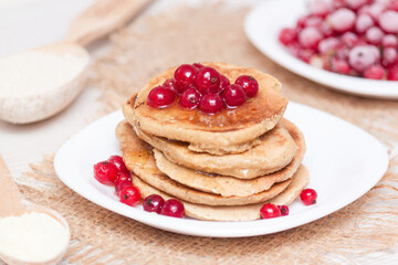 Healthy breakfast concept. Gluten free pancakes from corn and oat flour.