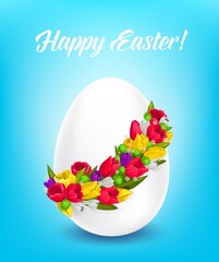 Happy Easter vector poster, white egg decorated with flower wreath. Cartoon greeting card with spring tulip and crocus blossoms and green leaves. Happy Easter holiday elegant floral garland postcard