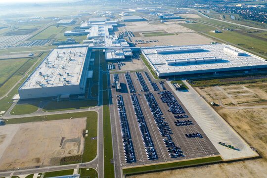 Aerial view : Industrial zone , Automotive Manufacturing Industry, Jaguar Land Rover in Nitra, Slovakia 18.8.2020