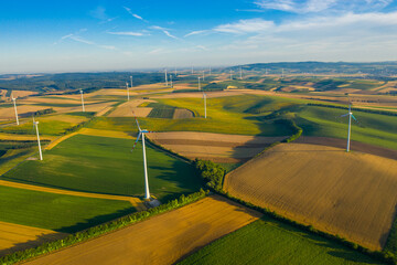 Wind turbine from aerial view - Sustainable development, environment friendly, renewable energy concept.Landscape with modern wind turbines in Austria