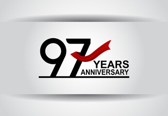 97 years anniversary vector design with red ribbon isolated on white background for celebration moment, greeting card and special event