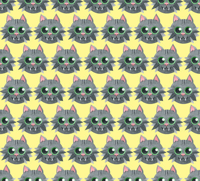 Background with cute black cats. Watercolor seamless pattern of black cats. Funny vampire kittens. A hand-drawn texture on a yellow background. Perfect for textiles, packaging, websites, postcards.