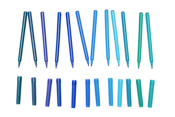 Various of blue colored markers pens with cap off on isolated background. Different shades of blue color