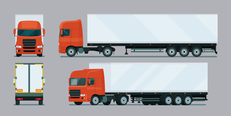 Cargo truck with trailer four angle set. Truck side, back and front view. Vector flat style illustration. © lyudinka