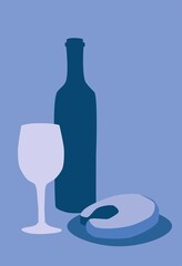 Wine poster with glass and fish steak, collage in blue monochrome colors, minimalism style, vector stock illustration for design and decor, banner, background, postcard, card