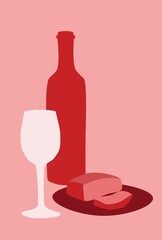 Poster wine with glass and steak, collage in red-pink monochrome colors, minimalism style, vector stock illustration for design and decor, banner, background, postcard, card