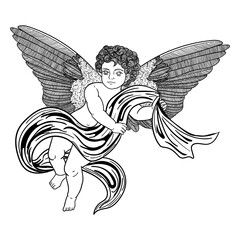 Cute angel flies, contour drawing of black color isolated on white background, stock vector illustration for design and decor, sticker, clipart, poster, banner
