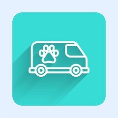 White line Veterinary ambulance icon isolated with long shadow. Veterinary clinic symbol. Green square button. Vector.