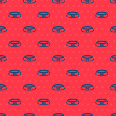 Blue line Pet food bowl for cat or dog icon isolated seamless pattern on red background. Dog bone sign. Vector.