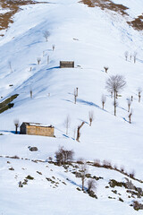 Pasiegas cabins in winter in the Valle del Miera in the Valles Pasiegos de Cantabria. Spain.Europe
