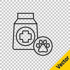 Black line Bag of food for dog icon isolated on transparent background. Dog or cat paw print. Food for animals. Pet food package. Vector.