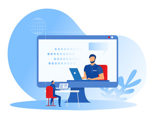 business coaching,Training employees team, learning video on large computer screen.Online webinar coaching concept vector illustrator.