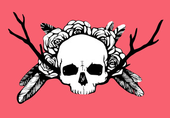 Vector hand drawn illustration. Artwork with skull, flowers, wings. Alchemy, religion, spirituality, occultism, tattoo art. Template for postcard, banner, poster, print for t-shirt